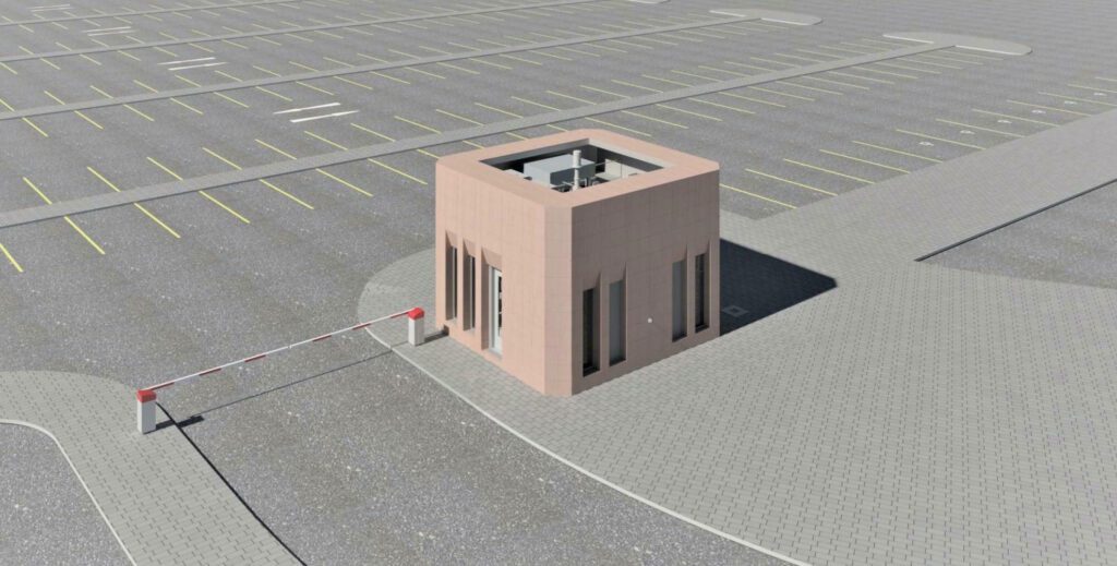 a 3d model of a parking lot with a clock tower.