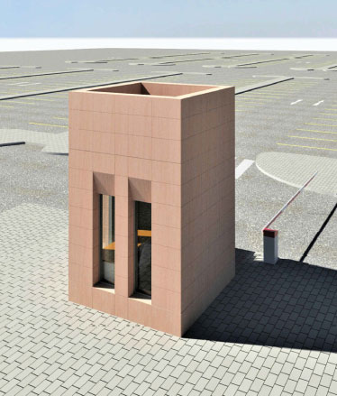 a 3d model of a small building in a parking lot.