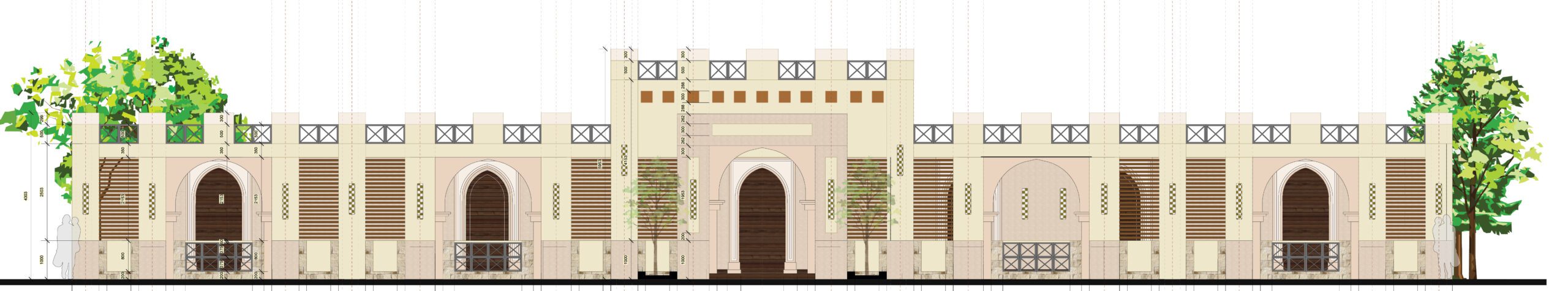 a drawing of a building with turrets and turrets.