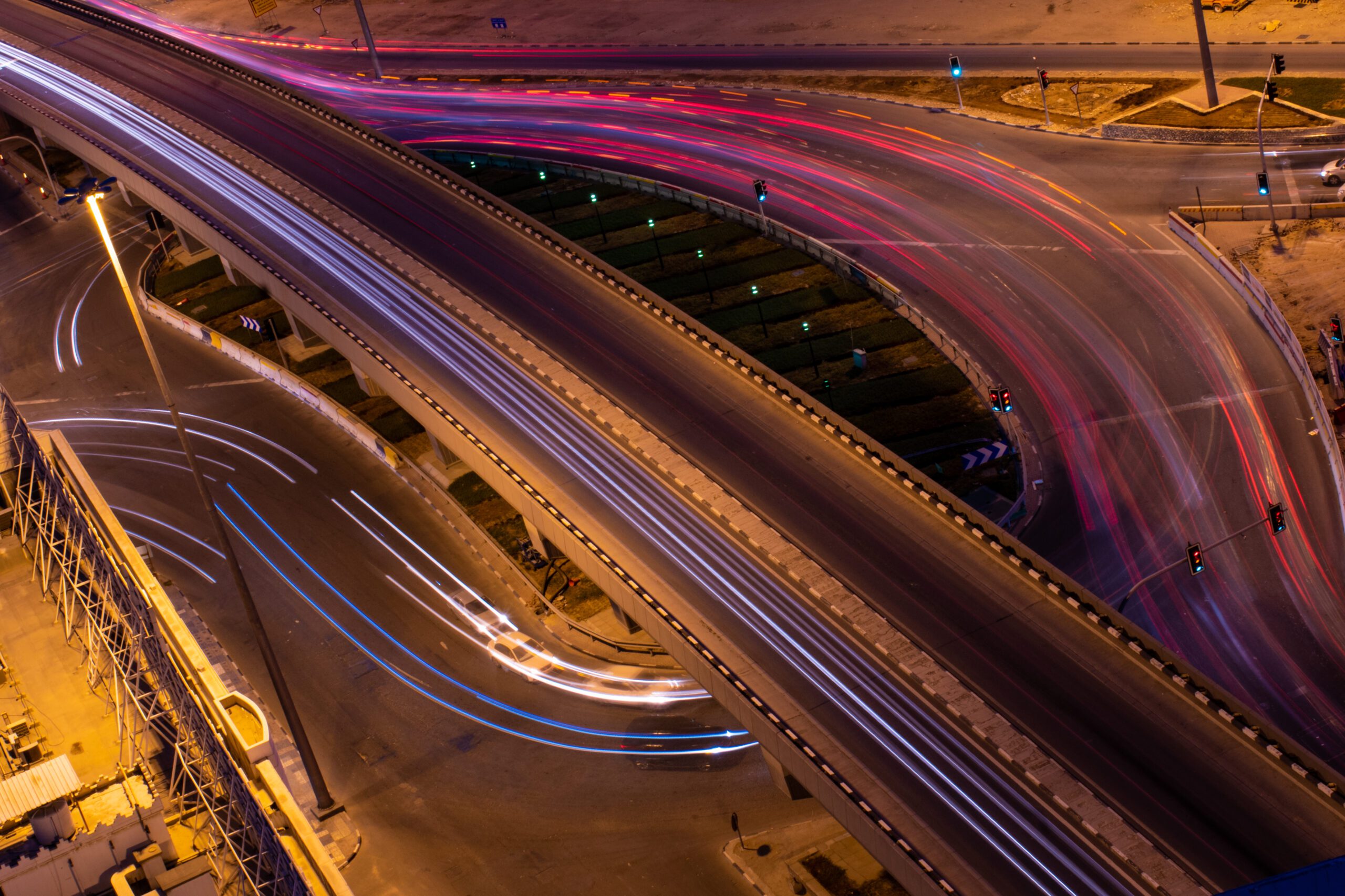 an aerial view of a city at night.