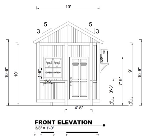 the front elevation of a small shed.