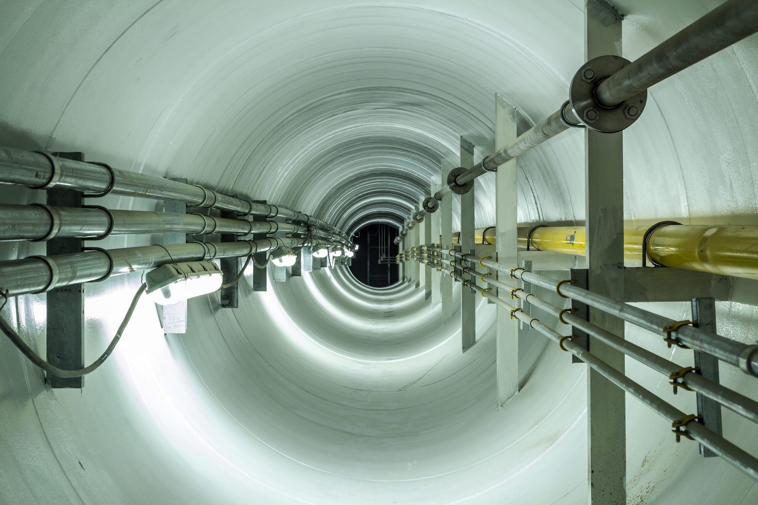 the inside of a tunnel with a light shining down on it.